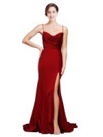 Shop Cowl Front Neck Sweep Train Stretch Satin Prom Dresses Sydney with High Side Split