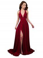 Shop A-Line Halter Plunge V-Neckline Open Back Formal Spandex Bridesmaid Dress / Prom Dress Sydney with Slit