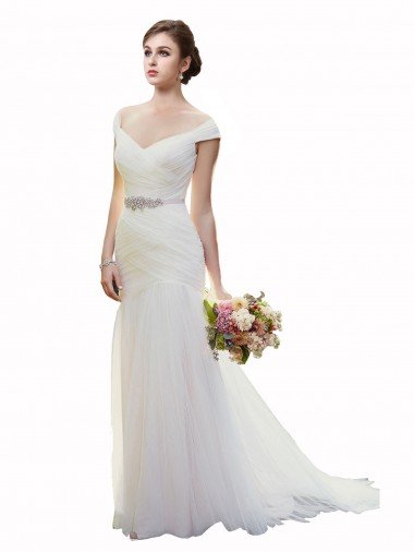 Sydney Cap Sleeves Off the Shoulder Ruched Mermaid Tulle Beach Wedding Dress