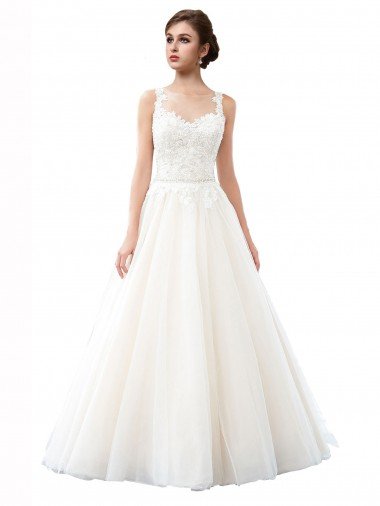 Sydney Illusion Neck A-Line Tulle Beach Wedding Dress with Lace Bodice