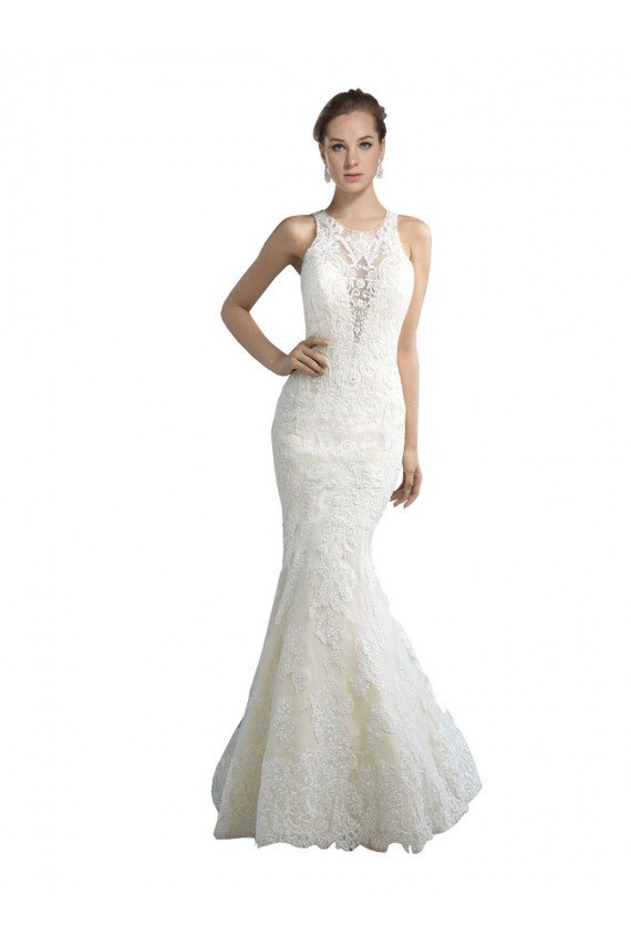 Sydney Deep Illusion Neck Mermaid Tulle Beach Wedding Dress with All Over Lace