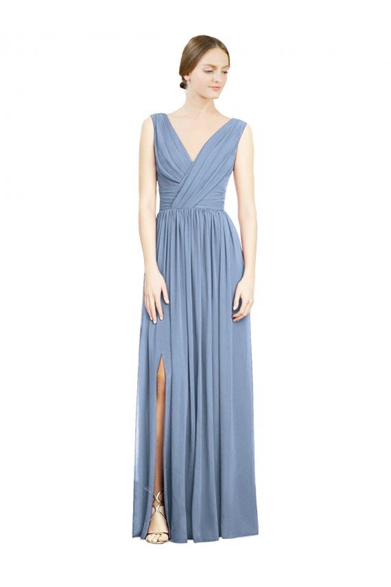 Sydney Sleeveless Draped Chiffon Maxi Bridesmaid Dress with Front Slit