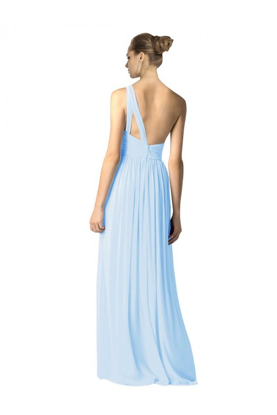 One Shoulder Long Chiffon Bridesmaid Dress with Shirred Bodice and Front Keyhole