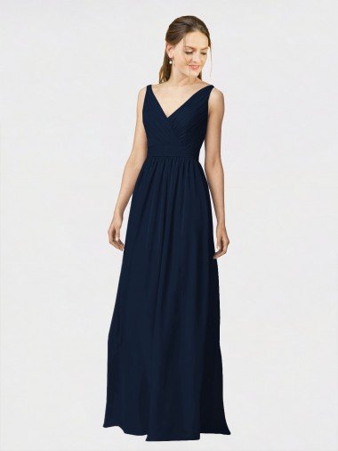 Sydney Long Chiffon Bridesmaid Dress with Shirred Bodice and V-Neckline
