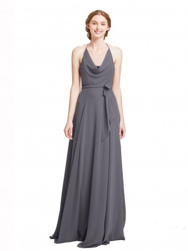 Shop Spaghetti Strap Long Chiffon Bridesmaids Dress with Halter Cowl Neck Sydney