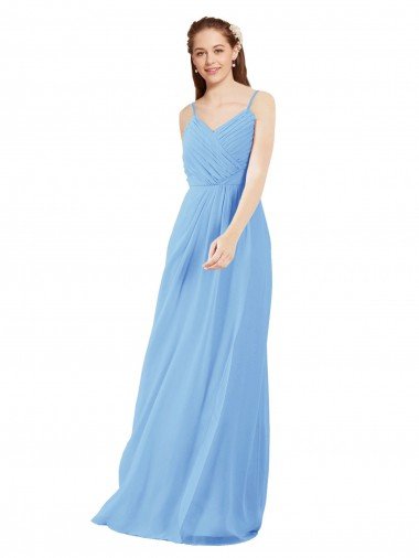 Sydney Pleated Low Back Long V-Neck Chiffon Bridesmaid Dress with Thin Straps