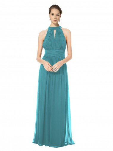 Sydney Ruched Long Chiffon Halter Bridesmaid Dress with Tie Back and Tails