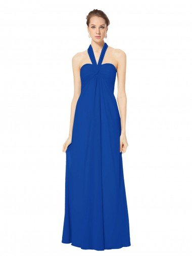 Sydney Sleeveless Long Chiffon Empire Gown with Pleated Halter Straps