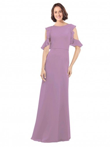Sydney Long Chiffon Bridesmaids Dress with Flounced Sleeve Detail and Criss Cross Back
