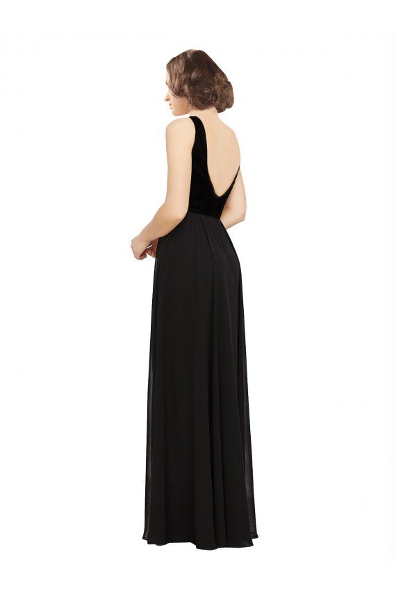 Sydney Stretch Velvet and Chiffon Bridesmaids Dress with V-Neckline