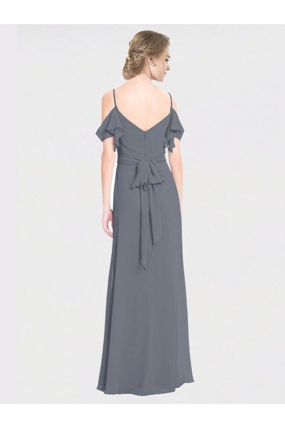 Sydney Long Chiffon Spaghetti Strap V-Neck Bridesmaid Dress with Off-The-Shoulder Flutter Sleeves