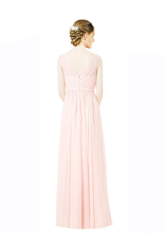 Sydney Long Chiffon Sleeveless Bridesmaid Dress with Sheer Illusion Top and V-Back