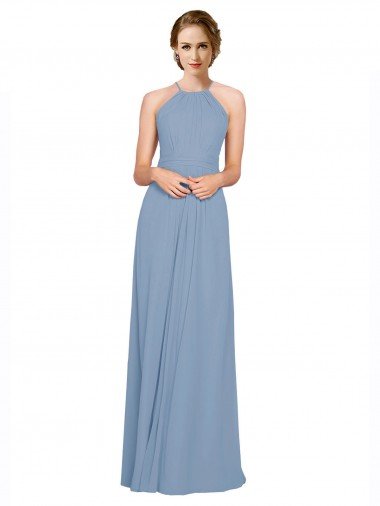 Sydney Pleated Halter Neckline A-Line Chiffon Bridesmaid with Criss Cross Back