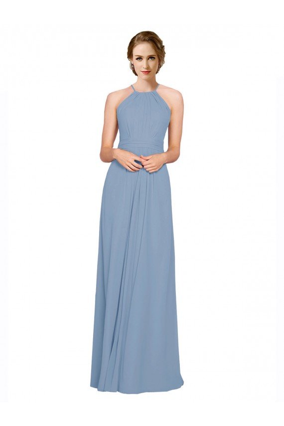 Sydney Pleated Halter Neckline A-Line Chiffon Bridesmaid with Criss Cross Back