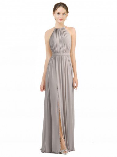 Sydney Backless Halter Chiffon Bridesmaid Dress with Front Slit and Tie Open Back