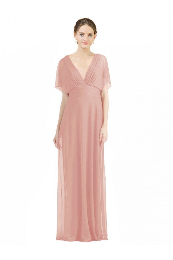 Sydney Draped Short Sleeves Long Chiffon A-Line Bridesmaid Dress