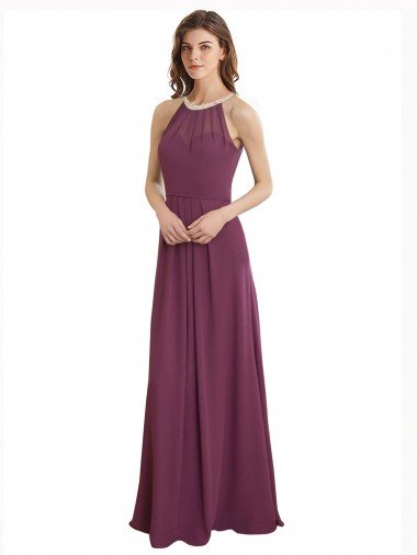 Sydney High Neckline Long Chiffon Bridesmaid Dress with Beaded Trim