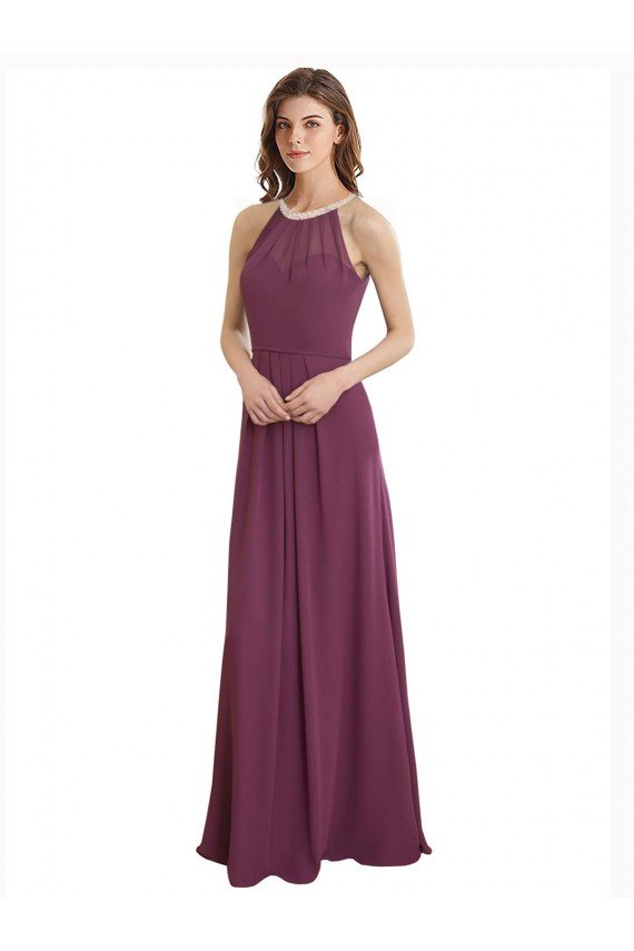 Sydney High Neckline Long Chiffon Bridesmaid Dress with Beaded Trim