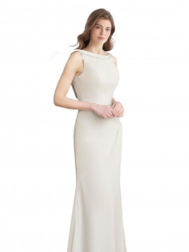 Sydney Long Chiffon Bridesmaid Dress with Boat Neckline and Satin Collar