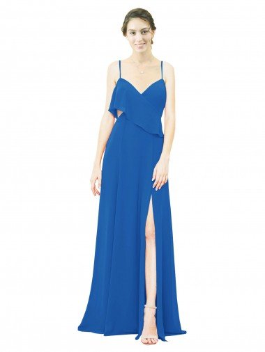 Sydney Spaghetti Strap Chiffon Bridesmaids Dress with Asymmetrical Ruffle and Front Slit