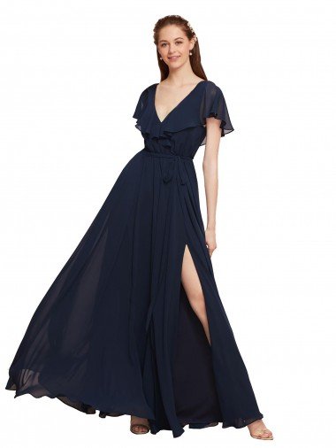 Sydney Long V-Neck Chiffon Bridesmaid Dress with Slit and V-Back