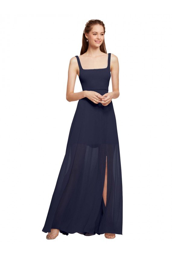 Sydney Squre Necked Long Chiffon Bridesmaid Dress with Front Slit