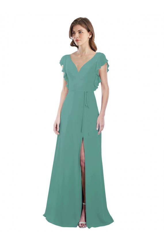 Sydney Full Length Chiffon Bridesmaid Dress with Ruffled Cap Sleeves and Side Slit