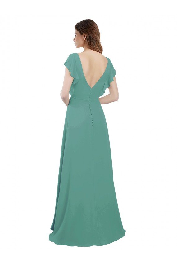Sydney Full Length Chiffon Bridesmaid Dress with Ruffled Cap Sleeves and Side Slit