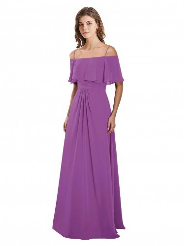 Sydney Draped Off The Shoulder Chiffon Bridesmaid Dress with Spaghetti Straps and Ruffled Neckline