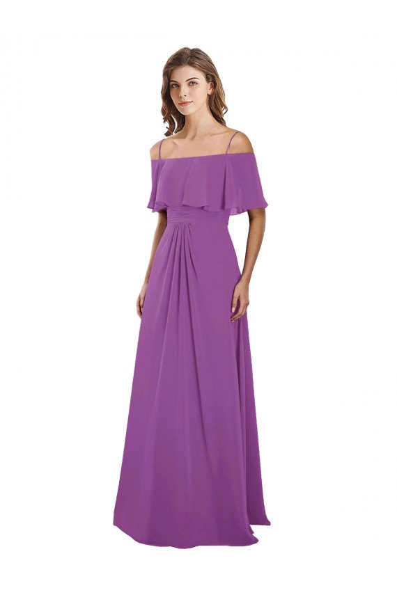Sydney Draped Off The Shoulder Chiffon Bridesmaid Dress with Spaghetti Straps and Ruffled Neckline