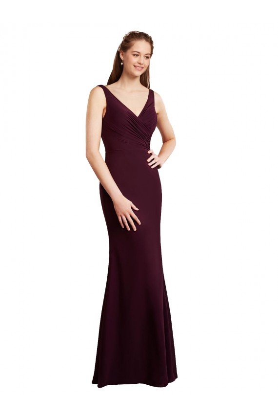 Sydney Floor Length Fluted Chiffon Dress with Draped Bodice and V-Neckline