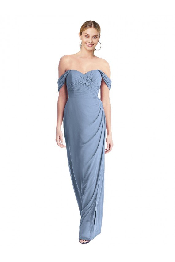 Sydney Full Length Draped Off the Shoulder Maxi Bridesmaid Dress with Shirred Streamer