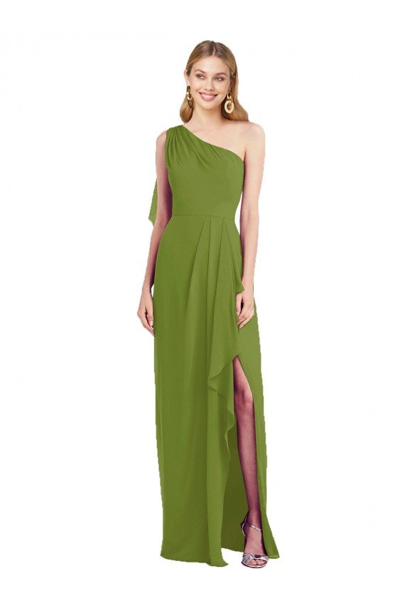 One Shoulder Chiffon Bridesmaid Dress with Draped Front Slit
