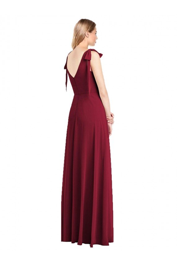 Sydney Full Length Bow-Shoulder V-Back Chiffon Bridesmaid Dress with Front Slit