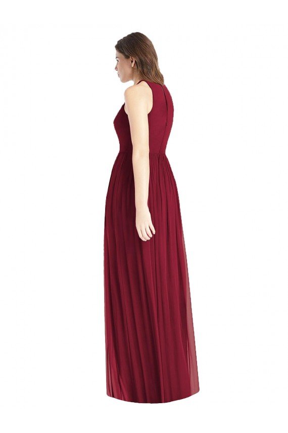 Sydney Shirred Skirt Jewel Neck Halter Chiffon Bridesmaid Dress with Front Slit