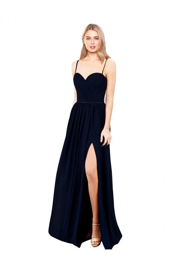 Sydney Draped A-Line Chiffon Formal Bridesmaid Dress with Spaghetti Straps and High Slit