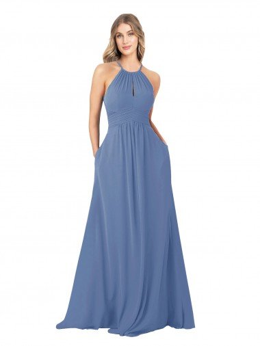 Sydney Draped High Neck Keyhole Back Bridesmaid Dress with Front Slit