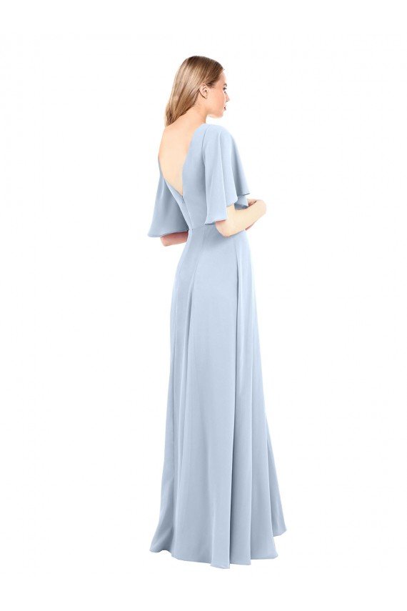 V-Neckline and Cascading Flutter Sleeves Chiffon Bridesmaid Dress with Front Slit