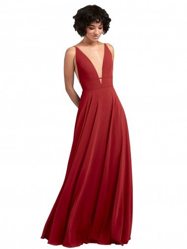 Sydney Fitted Plunging Deep V-Neck Long Chiffon Bridesmaid Dress with V-Back
