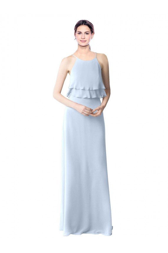 Sydney High Narrow Neck Long Chiffon Bridesmaid Dress with Tiered Ruffles