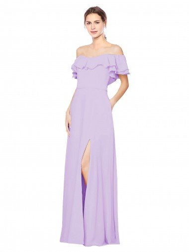 Sydney Ruffled Off the Shoulder Long Chiffon Bridesmaid Dress with Slit