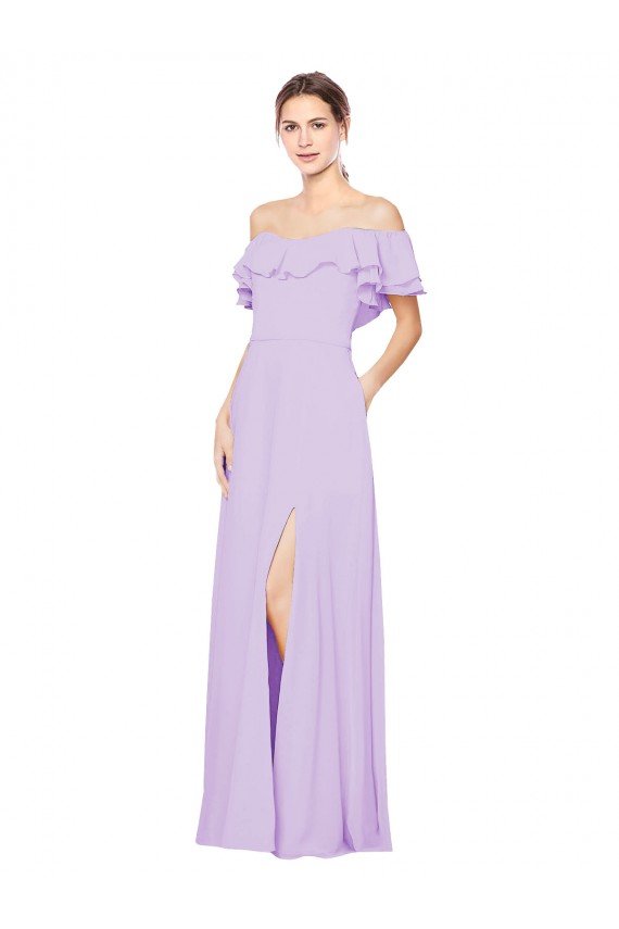 Sydney Ruffled Off the Shoulder Long Chiffon Bridesmaid Dress with Slit