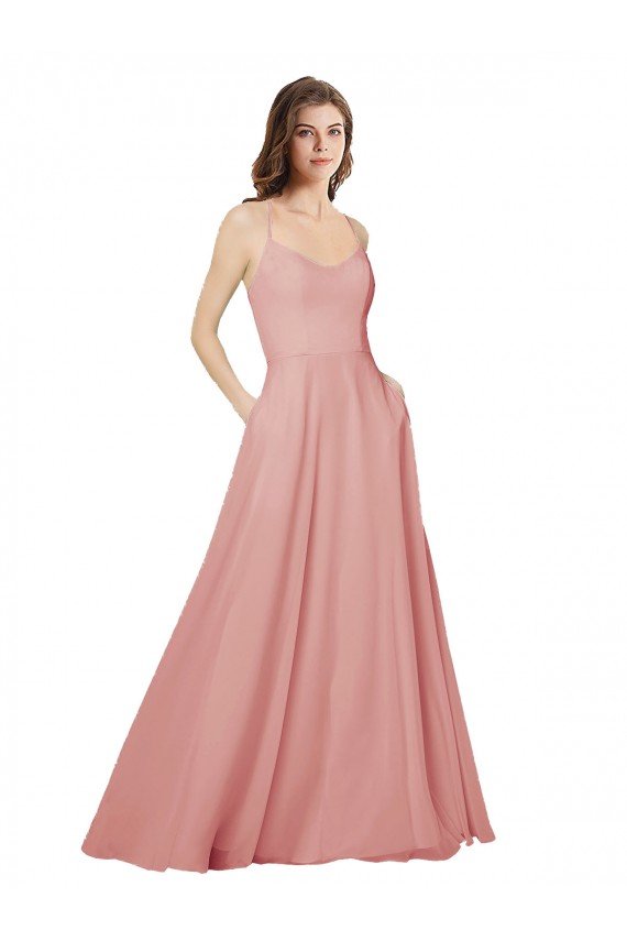 Sydney Open Back Wide Tie Band Long Chiffon Bridesmaid Dress with Pockets