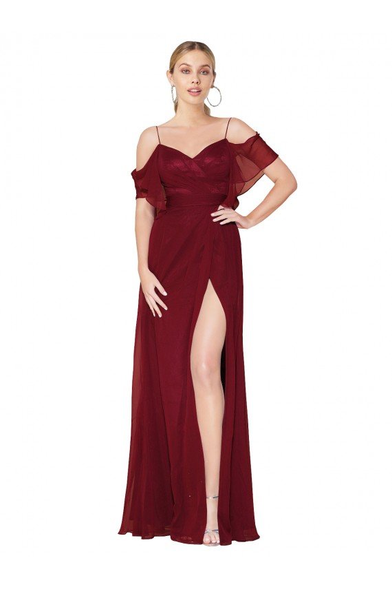 Sydney Cold Shoulder Long Mermaid Chiffon Bridesmaid Dress / Formal Prom Dress with Straps