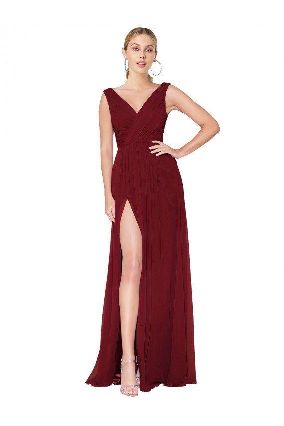 Sydney Draped Mermaid Long V-Neck Chiffon Bridesmaid Dress / Formal Prom Dress with High Slit