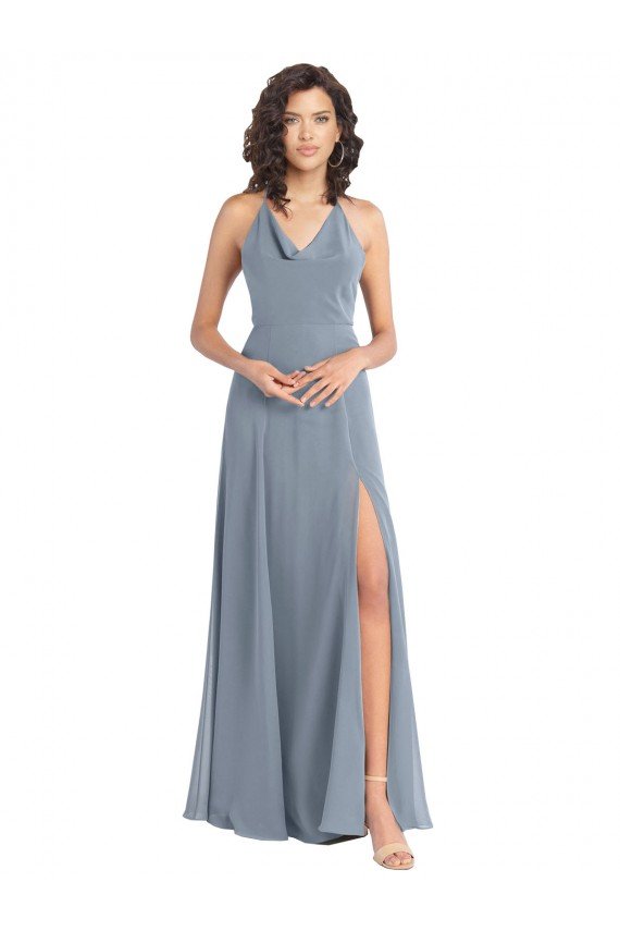 Sydney Slim A-Line Cowl Neck Long Chiffon Bridesmaid Dress with Side High Slit