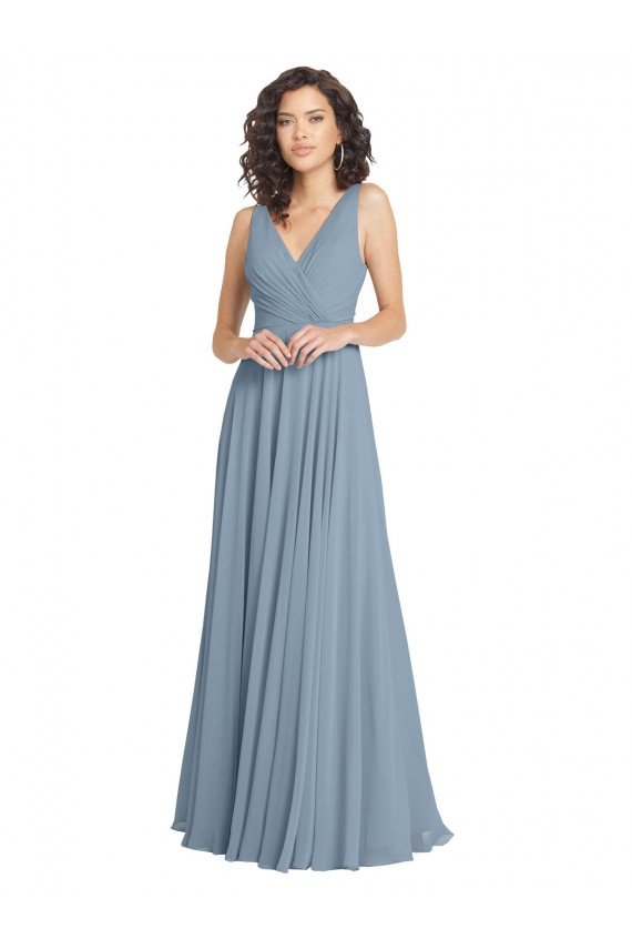 Sydney Faux Surplice Bodice Long Chiffon Bridesmaid Dress with V-Neckline