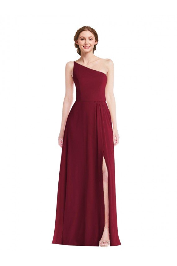 Sydney One Shoulder Chiffon Maxi Bridesmaid Dress with Shirred Front Slit