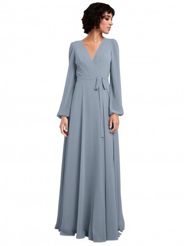 Sydney Wrap Style Long Sleeves Chiffon Bridesmaid Dress with Pleated Bodice
