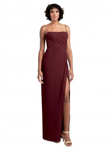 Sydney Sleek Straight Neckline Chiffon Bridesmaid Dress with Spaghetti Straps and High Side Slit